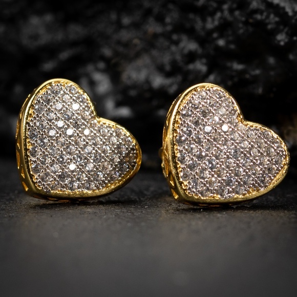 Womens Heart Large Yellow Gold 925 Sterling Silver Micro Pave Iced Stud Earrings - Picture 2 of 5